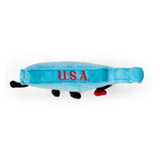 Blue plush toy shaped like USA map with red USA text and small legs