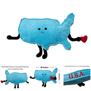 Blue USA map shaped plush toy with arms, legs, face and heart