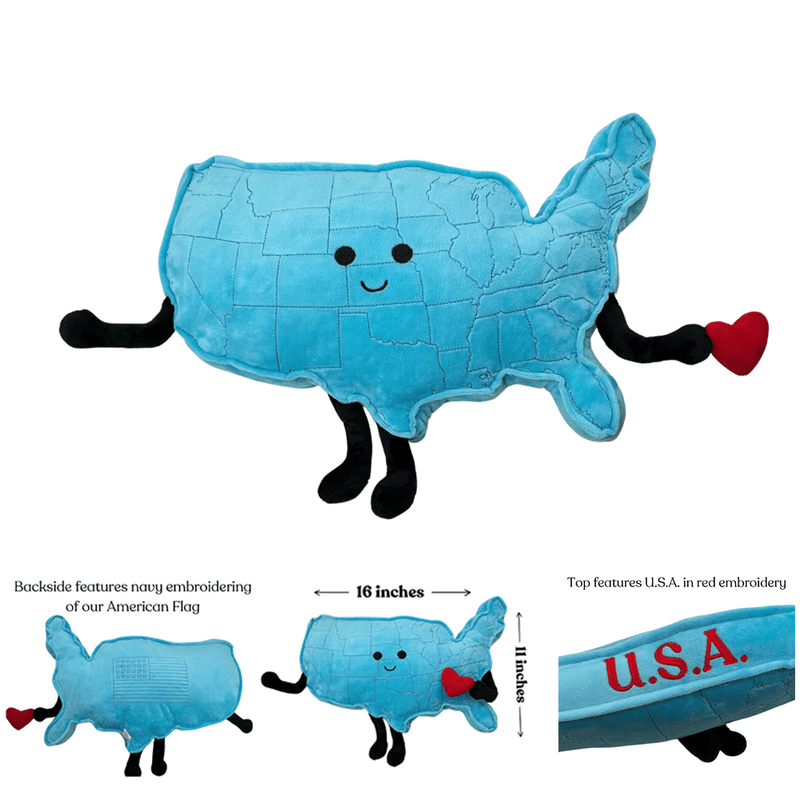 Blue USA map shaped plush toy with arms, legs, face and heart