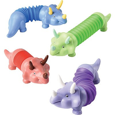 Four colorful dinosaur pop tubes in blue, green, pink, and purple colors