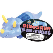 Blue triceratops dinosaur pop tube toy with yellow horns and accordion-style expandable body