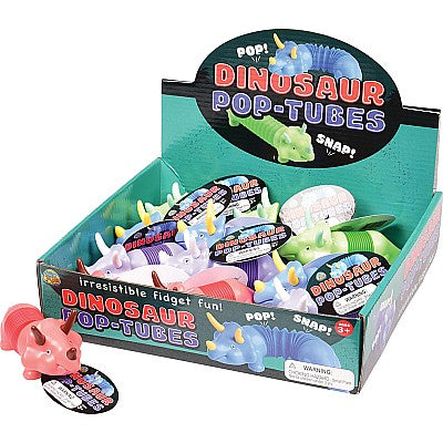 Dinosaur Pop-Tubes display box with colorful fidget toys and sample tube shown