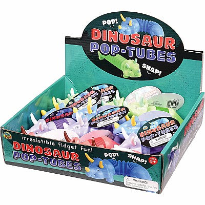 Display box of colorful Dinosaur Pop-Tubes toy collection showing multiple pop tubes