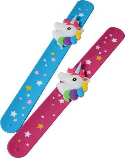 Two unicorn slap bracelets in blue and pink with star patterns and unicorn figures