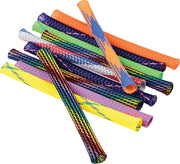 Colorful woven mesh tube toys in various bright colors scattered on white background