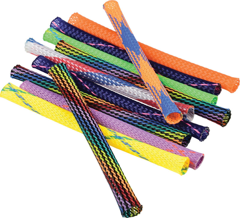 Colorful woven mesh tube toys in various bright colors scattered on white background