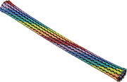 Colorful rainbow braided mesh tube toy with chevron pattern on white background