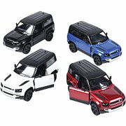 Four diecast Land Rover Defender 90 toy cars in black, blue, white, and red colors