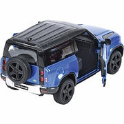 Blue diecast Land Rover Defender 90 model with open doors on white background