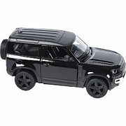 Black diecast Land Rover Defender 90 model car on white background