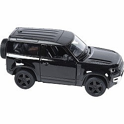 Black diecast Land Rover Defender 90 model car on white background