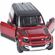 Red diecast Land Rover Defender 90 model with opening doors and black roof