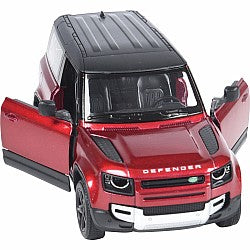 Red diecast Land Rover Defender 90 model with opening doors and black roof