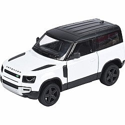 White diecast Land Rover Defender 90 model with black roof on white background