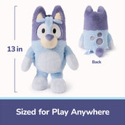 13-inch blue Bluey plush toy showing front and back views with size reference