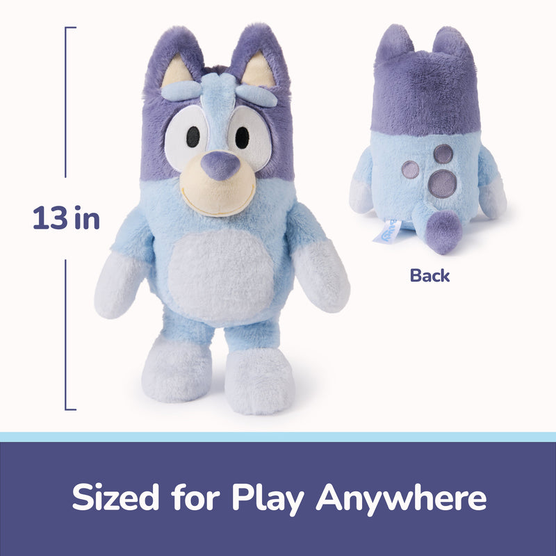 13-inch blue Bluey plush toy showing front and back views with size reference