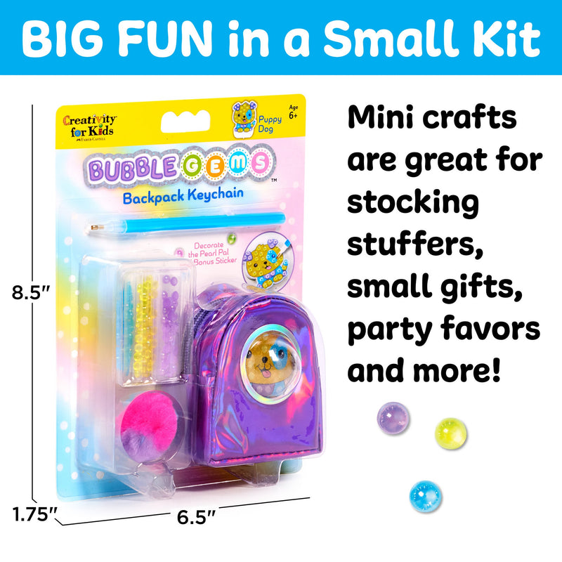 Creativity for Kids Bubble Gems Backpack Keychain craft kit featuring purple miniature backpack with puppy decoration
