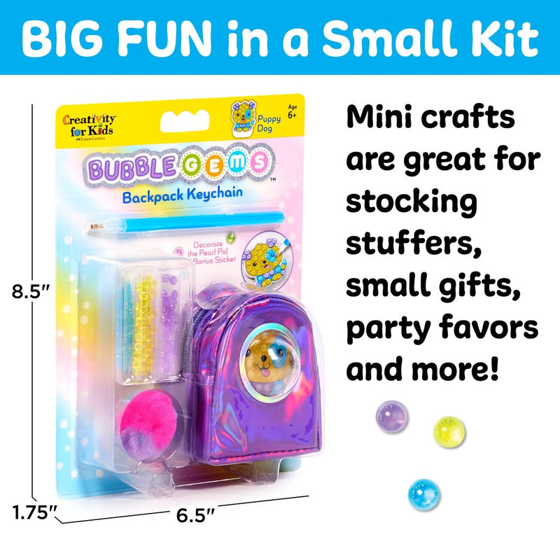 Creativity for Kids Bubble Gems Backpack Keychain craft kit featuring purple miniature backpack with puppy decoration