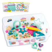 Sensory Bin Bake Shop with colorful play dough tools and baking accessories in clear container