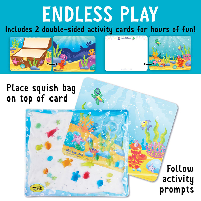 Ocean-themed sensory squish bag with activity cards showing underwater scenes and colorful gel beads