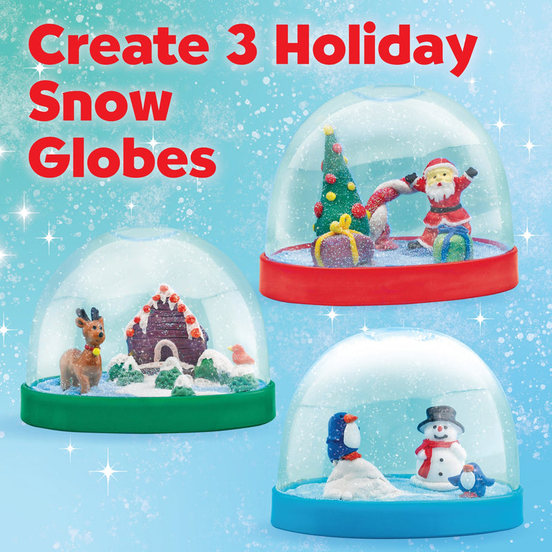 Three completed holiday snow globes with Santa, reindeer, and snowman scenes on festive background