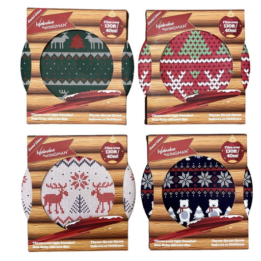 Four Waboba Wingman ugly Christmas sweater pattern frisbees in retail packaging