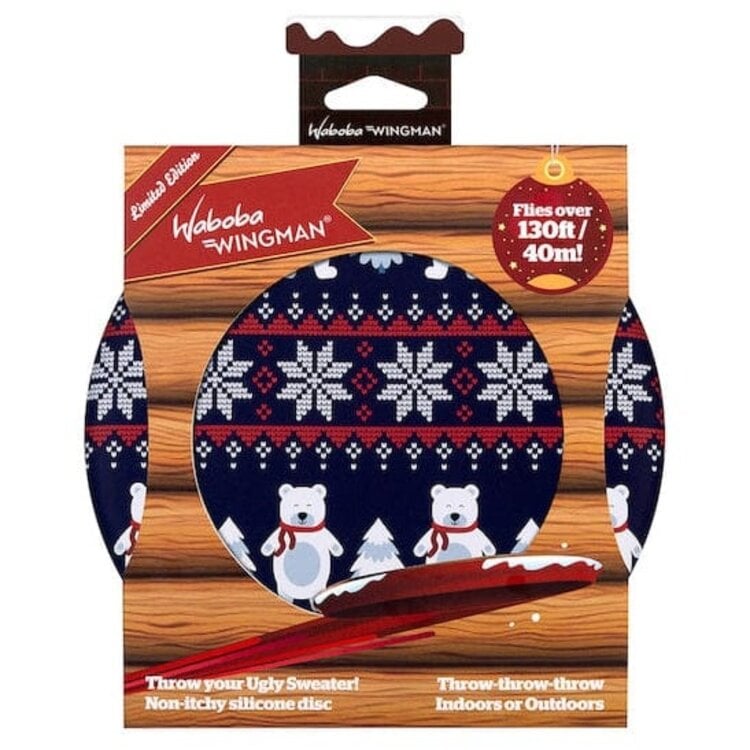 Waboba Wingman Ugly Sweater Limited Edition frisbee disc in festive winter pattern packaging