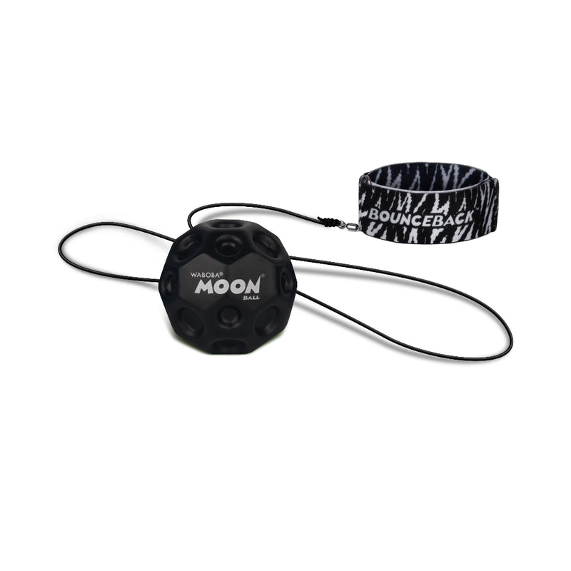 Black Waboba Moon Ball with bounceback wrist strap on white background