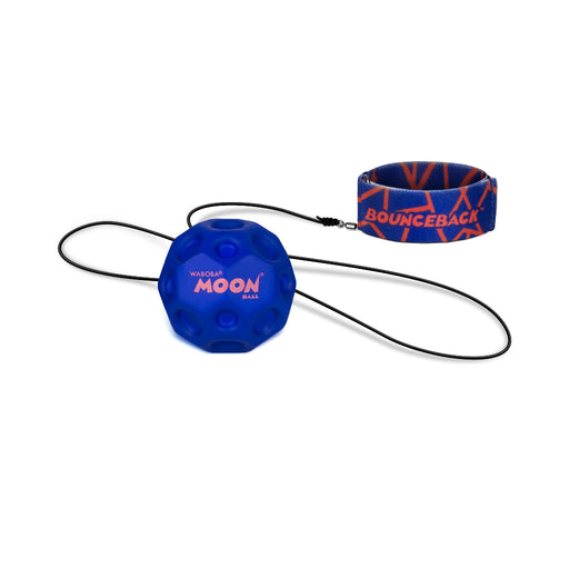 Blue Waboba Moon Ball with elastic cord and wristband on white background