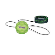 Green Waboba Moon Ball with bounceback cord and wrist strap on white background
