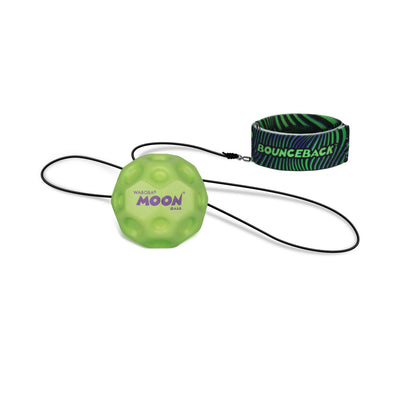 Green Waboba Moon Ball with black cord and wrist strap on white background