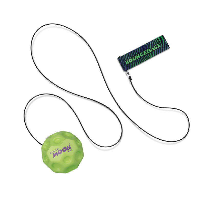 Green Waboba Moon bounce ball with cord and bounceback attachment on white background