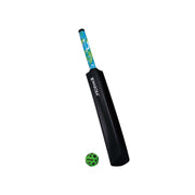 Waboba cricket bat with blue patterned handle and green moon ball on white background