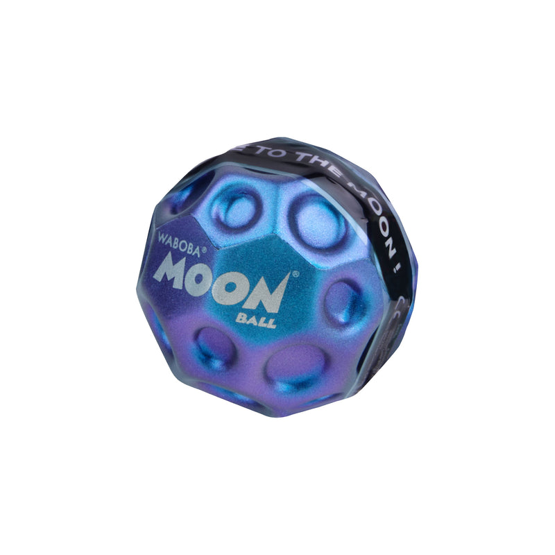 Waboba Moon Ball with purple-blue iridescent surface and crater-like texture on white background