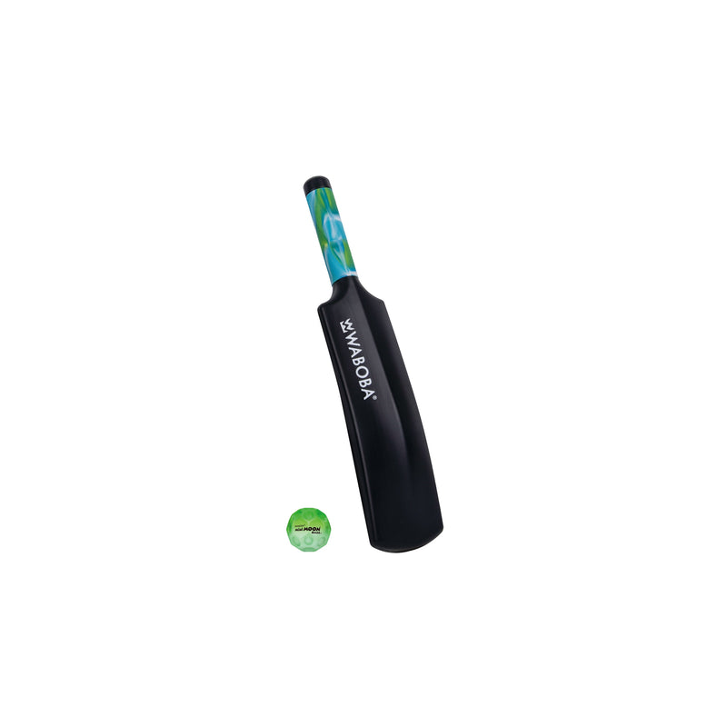 Waboba cricket bat with blue and green patterned handle and green moon ball