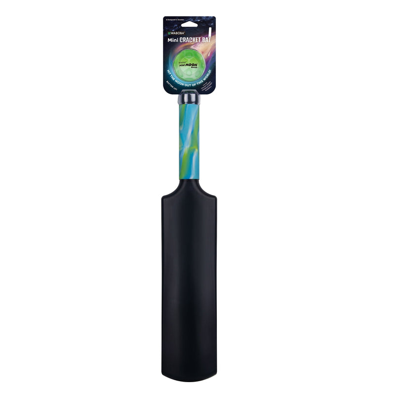 Waboba Mini Cricket Bat with colorful handle and Mini Moon Ball on white background
