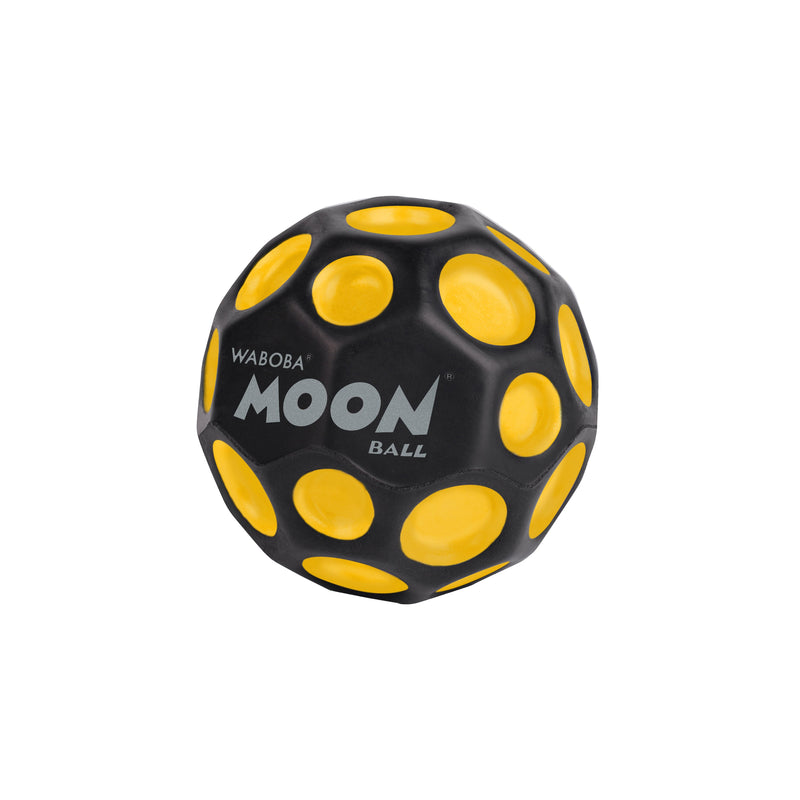Waboba Moon Ball with black surface and yellow crater-like spots on white background