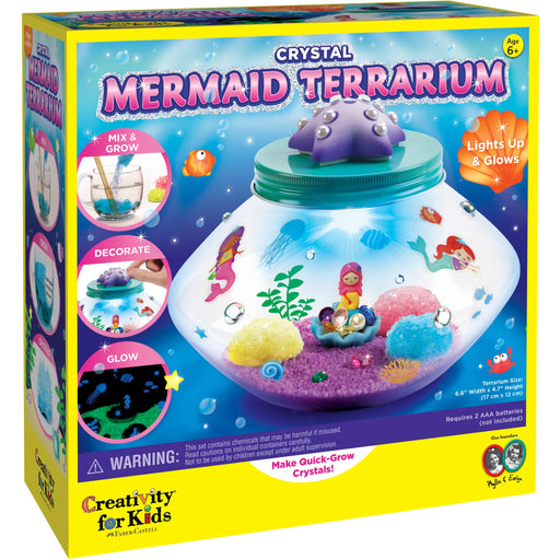 Crystal Mermaid Terrarium kit packaging showing underwater themed terrarium with purple lid and mermaid decorations