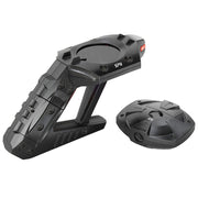 Black tactical-style spy location tracker device with two components on white background