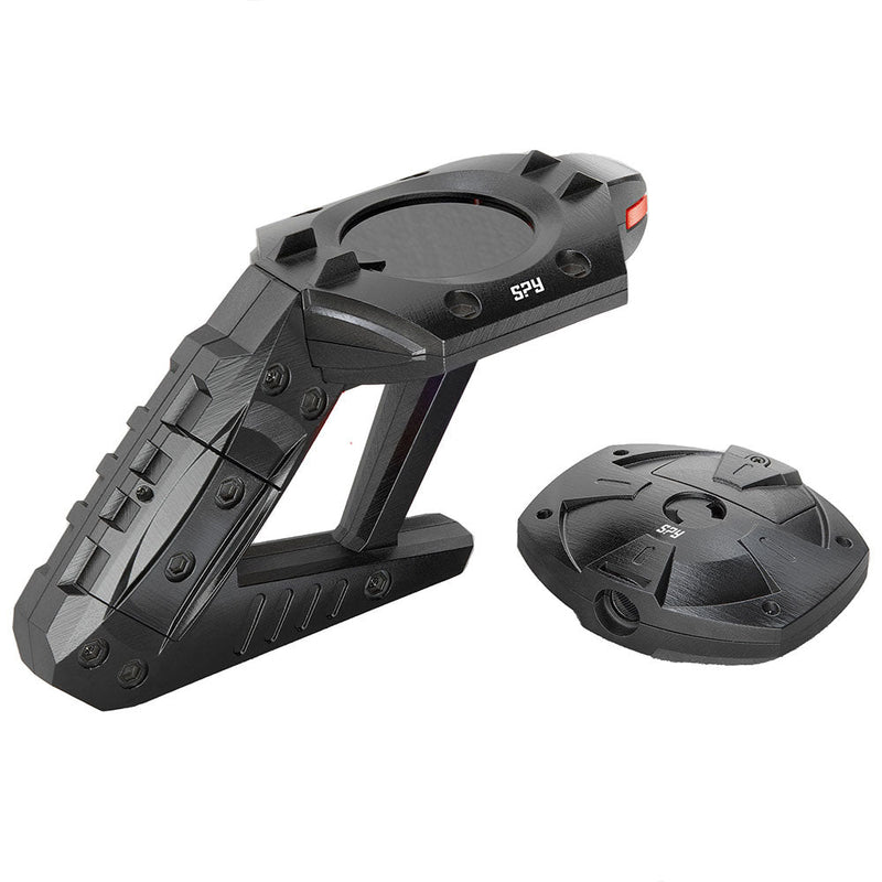 Black tactical-style spy location tracker device with two components on white background