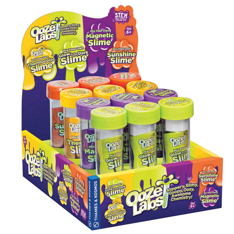 Ooze Labs slime kit display with multiple containers showing different slime types