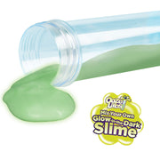 Green glow-in-the-dark slime being poured from clear tube with Ooze Labs branding
