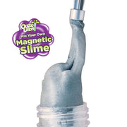 Close-up of metallic blue-gray magnetic slime being pulled from container with mixing tool