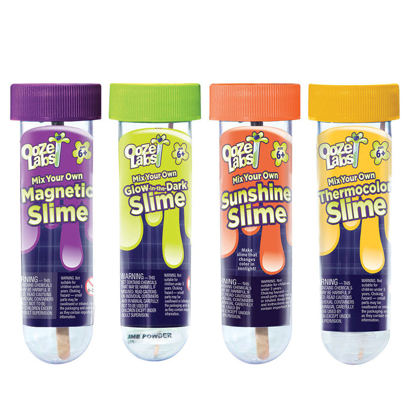 Four Ooze Labs slime kit tubes in purple, green, orange and yellow colors