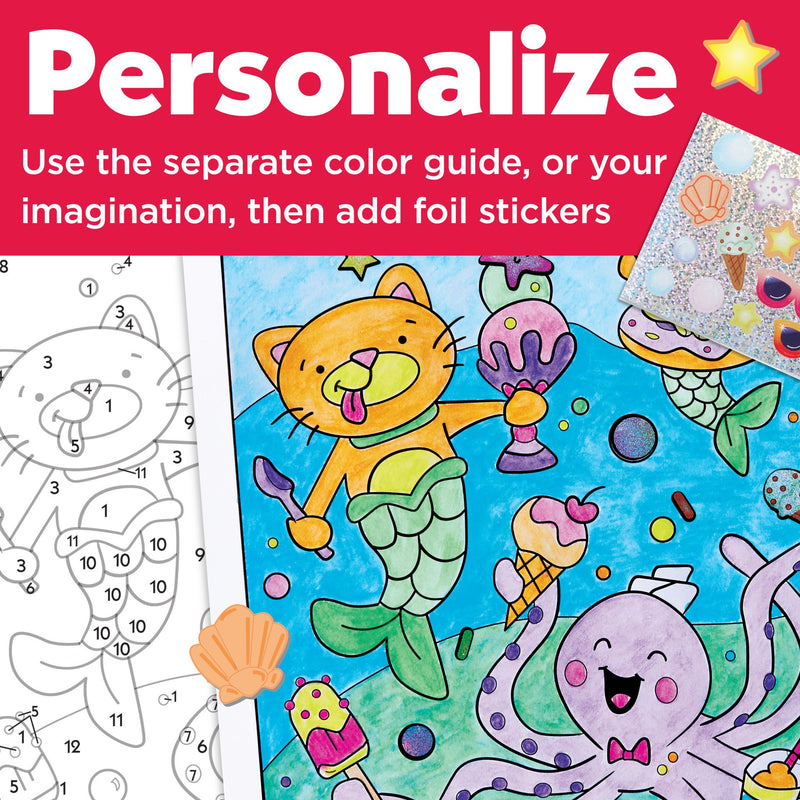Paint by number mermaid pets coloring kit with numbered template and completed colorful underwater scene