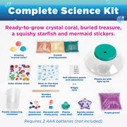 Complete Science Kit showing crystal growing materials, jar, stickers, and mermaid themed components