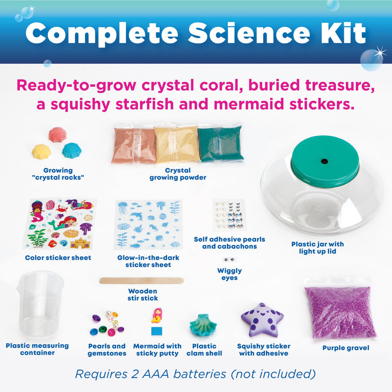 Complete Science Kit showing crystal growing materials, jar, stickers, and mermaid themed components