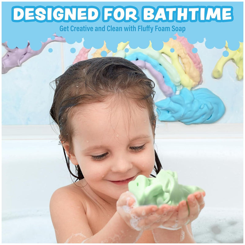 Child playing with colorful fluffy foam soap in bathtub with rainbow foam background