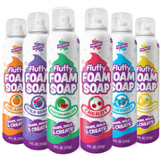Six bottles of Tub Works Fluffy Foam Soap in different fruit scents