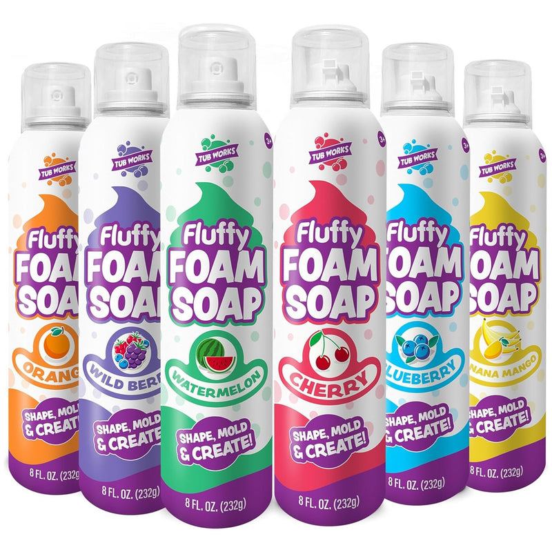 Six bottles of Tub Works Fluffy Foam Soap in different fruit scents